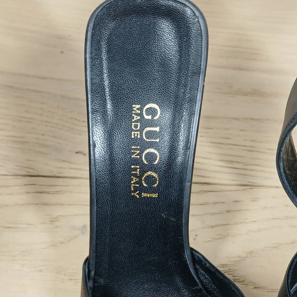 Gucci Heels Women 6B Black Leather Ankle Strap Pointed Toe Stiletto Dress Shoes